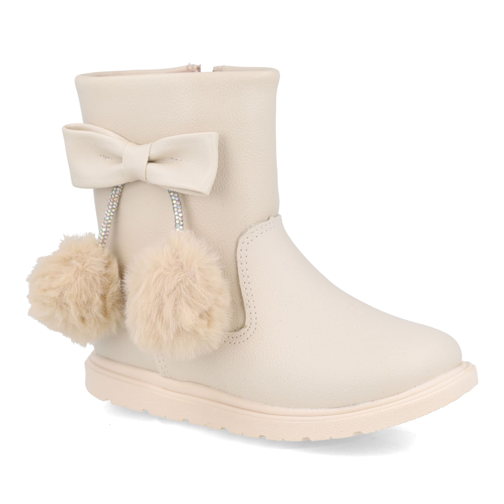 Bota infantil off-white com laço e pompons vista lateral